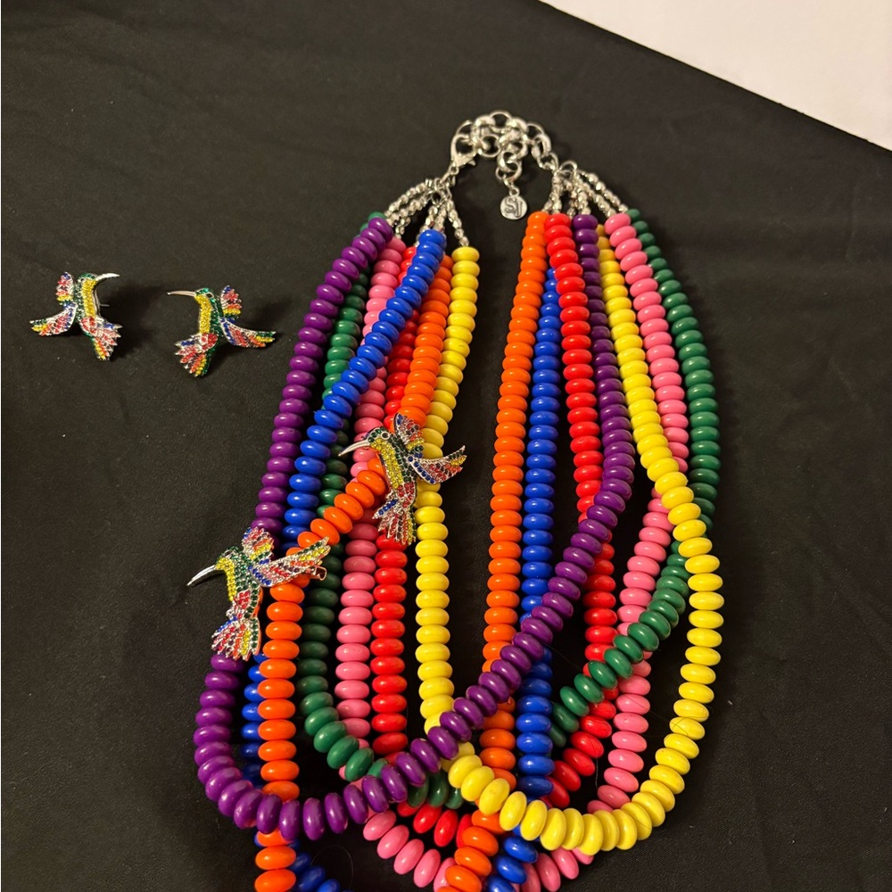 Sassy Jones rainbow Temba with removable  broach Necklace and Earring Set
